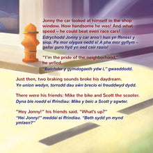 English-Welsh-Bilingual-children-cars-book-Wheels-The-Friendship-Race-Page1