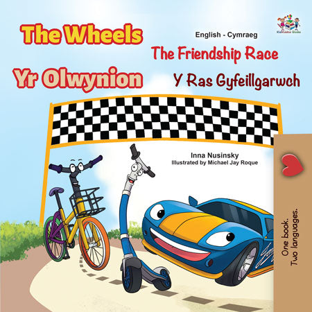 English-Welsh-Bilingual-children-cars-book-Wheels-The-Friendship-Race-cover