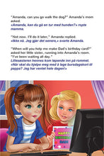 Illustration of two girls with a computer and birthday card, text in English and Norwegian.