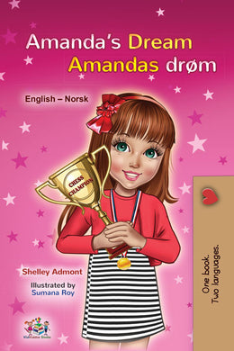 Book cover of 'Amanda's Dream' with a girl holding a chess champion trophy on a pink background.