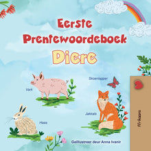 Children's book cover with illustrations of animals and text in Afrikaans