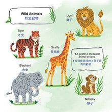 Illustration of wild animals including a lion, tiger, giraffe, elephant, and monkey with Chinese text labels.