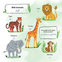 Educational chart of wild animals with labels and descriptions in both English and Urdu.