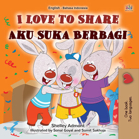 Children's book cover with cartoon bunnies and text 'I Love to Share' in English and Bahasa Indonesia.
