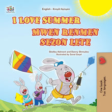 Children's book cover with cartoon characters flying kites and text in English and Kreyol Ayisyen.