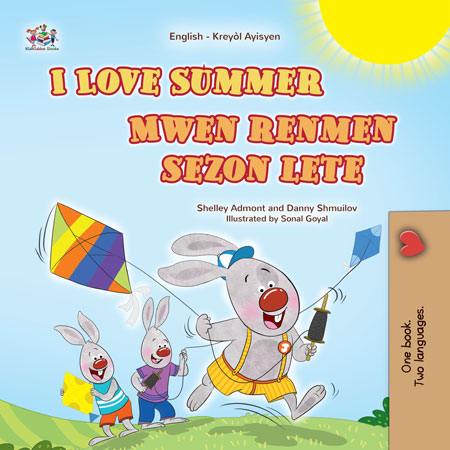 Children's book cover with cartoon characters flying kites and text in English and Kreyol Ayisyen.