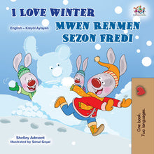 Children's book cover with cartoon characters enjoying winter, featuring text in English and Kreyol Aisyen.