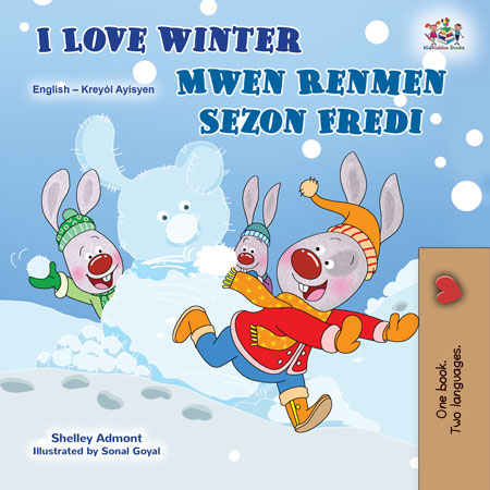 Children's book cover with cartoon characters enjoying winter, featuring text in English and Kreyol Aisyen.