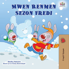 Children's book cover with cartoon characters in winter clothing on a snowy background