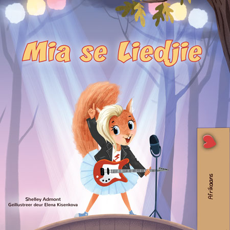 Book cover with a cartoon character holding a guitar and microphone in a forest setting, titled 'Mia se Liedjie'.