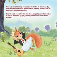 Squirrel character with a guitar in a garden setting with text in Dutch.