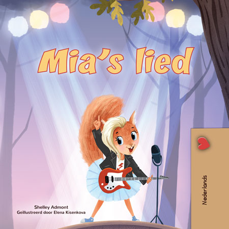 Book cover of 'Mia's lied' with a cartoon character playing guitar on stage.