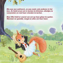 Illustration of a cartoon squirrel playing guitar in a forest with text in Dutch.