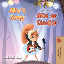 Book cover of 'Mia's Song' with a cartoon character playing guitar in a forest setting.