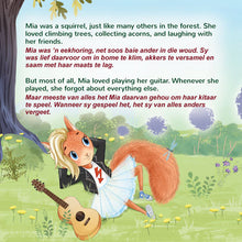 Illustration of a squirrel playing guitar with text in multiple languages.