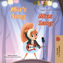Book cover of 'Mia's Song' with a cartoon squirrel character playing guitar in a forest setting.