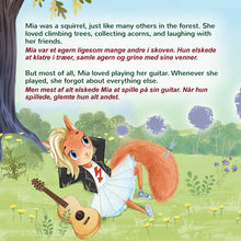 Illustration of a cartoon squirrel playing guitar with a tree and flowers in the background, accompanied by text.