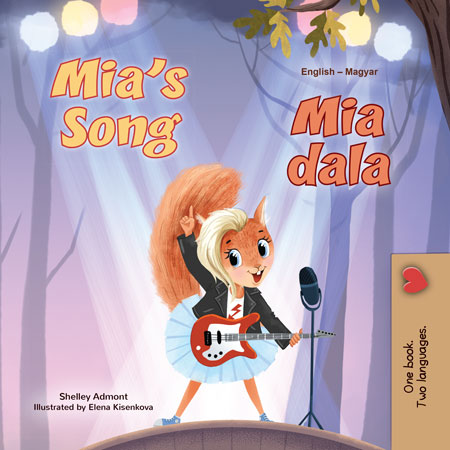 Book cover of 'Mia's Song' with a character playing guitar on stage.