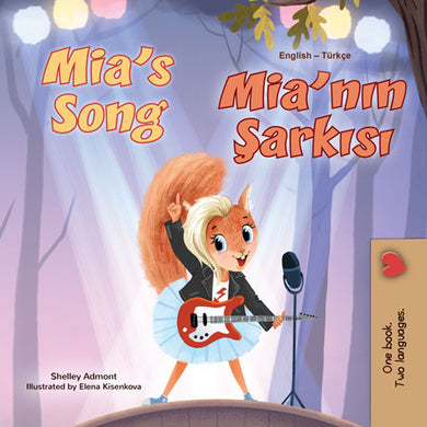 Book cover of 'Mia's Song' with a cartoon character playing guitar in a forest setting.