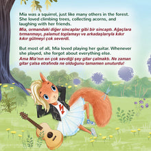Illustration of a cartoon squirrel playing guitar in a forest setting with text.
