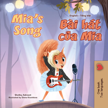 Book cover of 'Mia's Song' with a cartoon character holding a guitar and microphone in a forest setting.