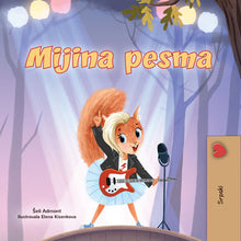 Book cover with a cartoon character holding a guitar in a forest setting, featuring the title 'Mijina pesma'.