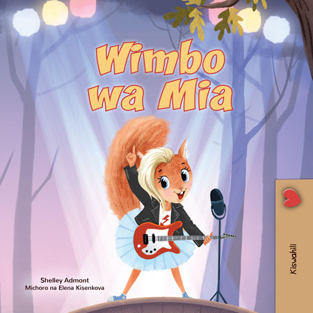 Book cover of 'Wimbo wa Mia' with a character playing guitar in a forest setting.