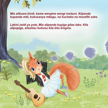 Illustration of a cartoon squirrel playing guitar in a garden with text above.