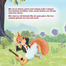 Illustration of a cartoon squirrel playing guitar in a forest setting with text above.