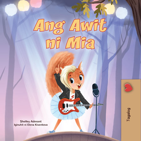 Book cover of 'Ang Awit ni Mia' with a cartoon character holding a guitar and microphone in a forest setting.