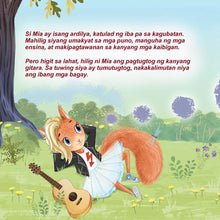 Animated squirrel in a dress playing guitar in a forest
