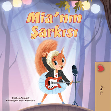 Book cover of 'Mia'nin Sarkisi' with a cartoon character playing guitar in a forest setting.