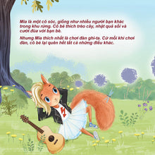 Illustration of a cartoon squirrel playing guitar in a forest with text above.