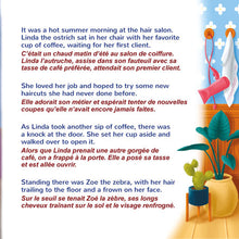 A French language reading comprehension worksheet featuring a story about a hair salon client, with English and French text and a cartoon illustration of a hair salon scene on the right side.