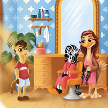 children-book -A colorful cartoon scene of an animal salon with a zebra in a pink salon chair having its hair styled by n ostrich.
