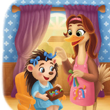 A colorful cartoon illustration of an ostrich and a hedgehog in a cozy room. 