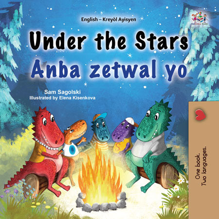Children's book cover with dragons around a campfire under a starry sky