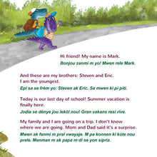 Cartoon dinosaurs on a road with text about a summer vacation and trip.