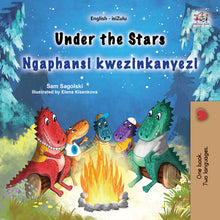Children's book cover with dragons around a campfire under a starry sky, featuring two languages.