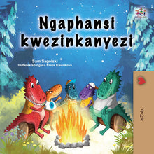Children's book cover with cartoon dragons around a campfire, set against a night sky.
