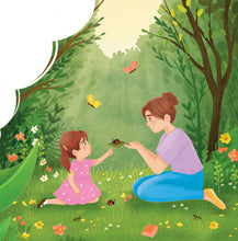 Illustration of a woman and a child in a garden with butterflies and flowers.