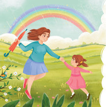 Illustration of a woman and a child holding hands with a rainbow in the background