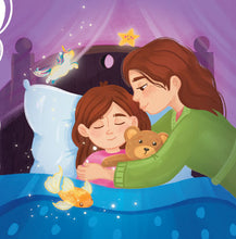 Illustration of a woman and child in bed with a teddy bear, surrounded by fairy tales and stars.