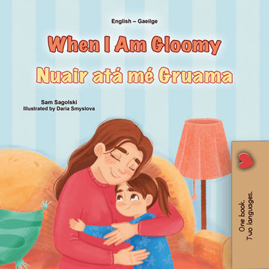 Book cover of 'When I Am Gloomy' with a mother and child embracing, set against a striped curtain background.