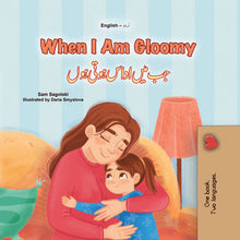 Book cover of 'When I Am Gloomy' with a woman and child hugging, set against a striped background.