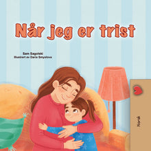Book cover with a mother and child hugging, titled 'Nør jeg er trist' with author and illustrator names.