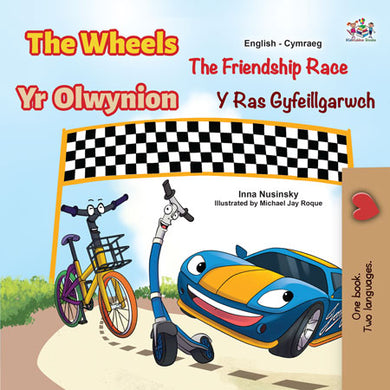 English-Welsh-Bilingual-children-cars-book-Wheels-The-Friendship-Race-cover